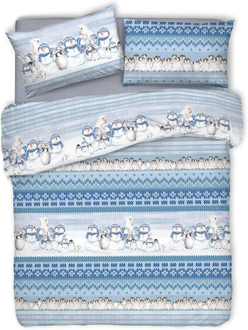 Parure Copripiumino Matrimoniale e Singolo 100% Cotone | Fantasia Invernale Blu